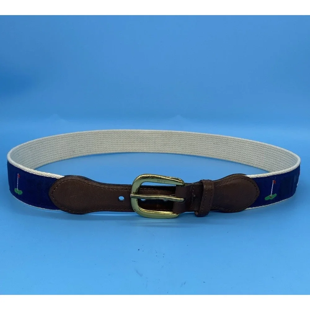 Lady Canterbury Belt Blue Golf Ribbon on White Cotton Web w/ Leather Tabs. Sz36